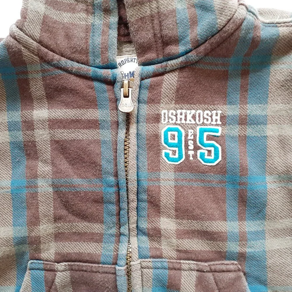 Oshkosh Boys Jacket Sweatshirt Hoodie Brown Blue Plaid Fleece Zip 3T